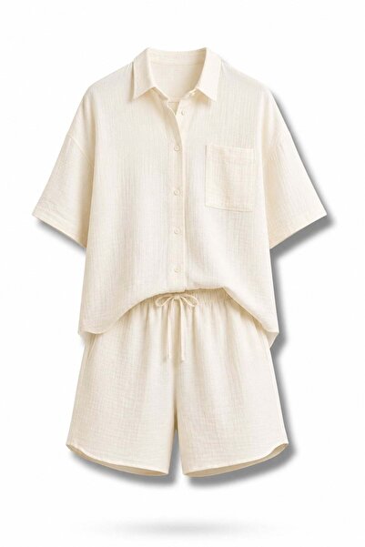 5in1Canpolat Ecru Muslin Shirt Shorts Set 1319