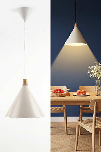 Marrien Cone Bohem Ahşap Krem Metal Sarkıt (25 cm) Yemek Masası Üstü Avize Mu...