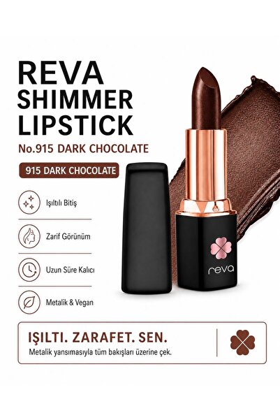 REVA Shimmer Lipstick – Vegan ve Temiz İçerikli Işıltılı Parlak Ruj Dark Choc...