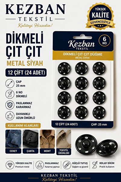 Kezban Tekstil 6 Νο 25 mm 12 Ζεύγη Μαύρα Μεταλλικά Κουμπιά