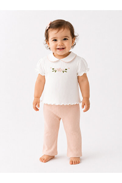 Kidaxi Baby Collar Floral Embroidered T-Shirt and Pants Set