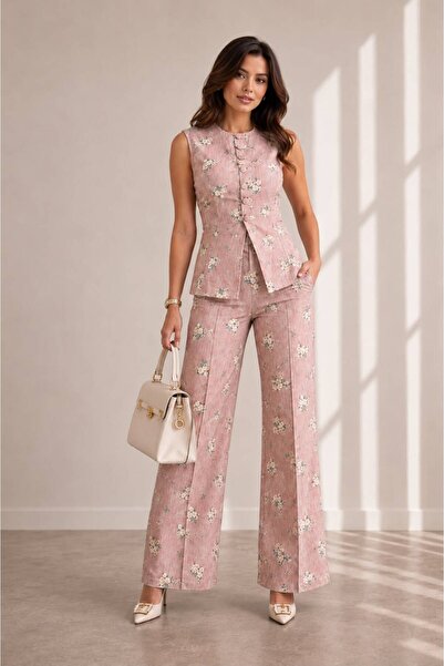 OYERGA MODA Kadın Çiçek Desenli Premium Kalite Yelek Pantolon Takım