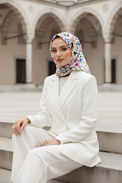 Vissona %100 Twill İpek Soyut Geometrik Desenli Mint Yeşili - Sarı Renkli 90x...