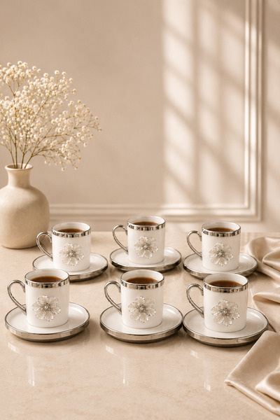 YzHome 6 Kişilik Gümüş Yaldızlı Porselen Lotus Çiçek Kahve Fincan Takımı 100ml
