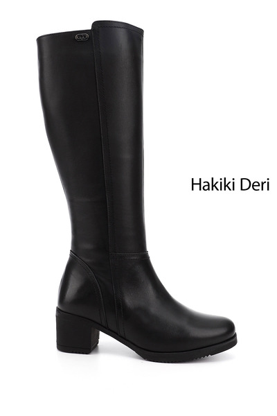 GÖNDERİ(R) Kadın Siyah Fermuarlı Kalın Topuklu Hakiki Deri Çizme