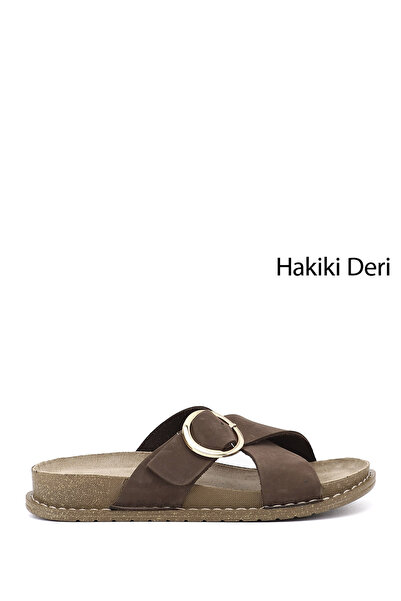 GÖNDERİ(R) Women's Brown Nubuck Cross-Strapped Genuine Leather Slippers