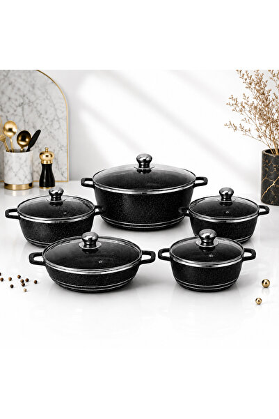 opulentmaison Set Oale Granit 10 Piese cu Capace din Sticlă, Compatibil Induc...