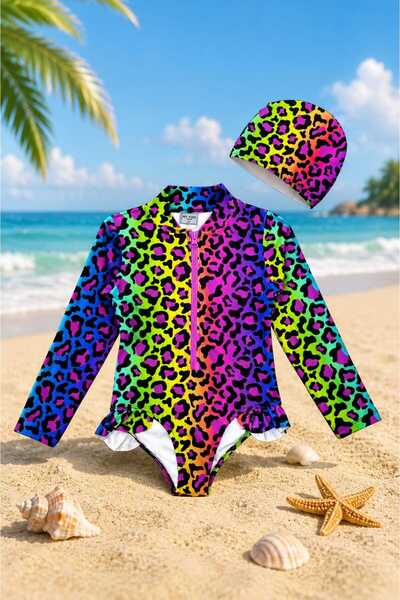 My Kids Wear Costum de baie pentru fetiță, cu detaliu cu volane, cu model leo...