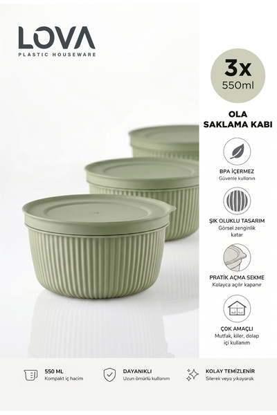 lovagroup Kapaklı Saklama Kabı Seti 3’lü 550 ml Plastik Buzdolabı Gıda ve Yem...