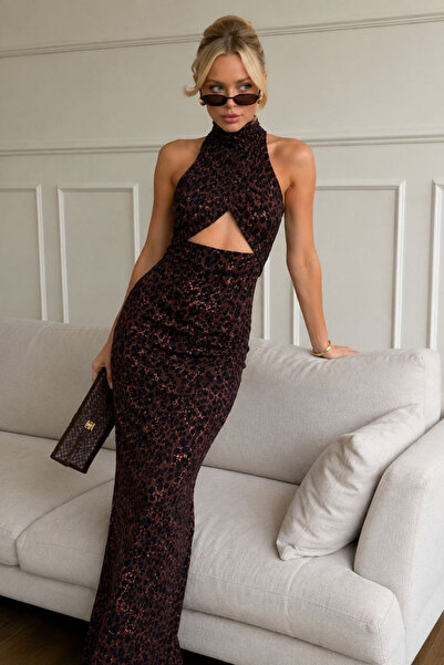 Afitapbutikmoda Sıfır Kollu Pencere Dekolteli Leopar Benekli Basic Midi Elbise
