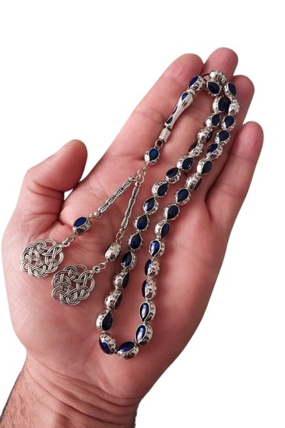oftenadmire Silver Color Enamel Metal Prayer Beads, Double Kazaz Pattern Metal Tassel Rosary with Gift Box.