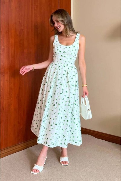 REELMODA Women's Green Wide Strap Premium Quality Waist Pleated Patterned Stylish Dress