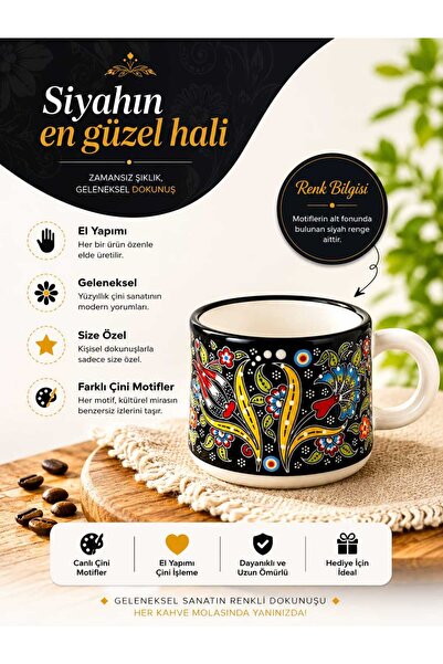 Home Anatolian Tile Patterned Ceramic Coffee Cup Black Color