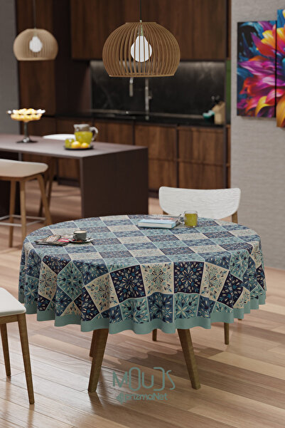 Moud's Ramadan Islamic Square Patterned Suede Fabric Care Free Round Tableclo...