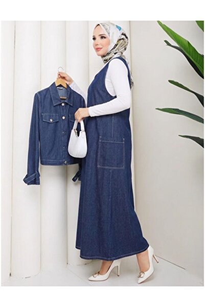 Eseyti Kadın Tesettür Denim Jileli Takım - Kot Ceket ve Uzun Jile Elbise İkil...