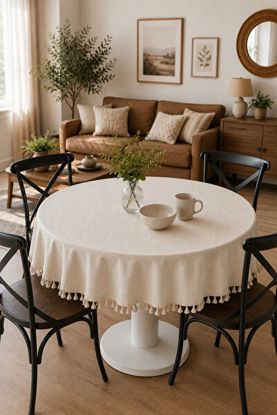 Luxoras Home Keten Püsküllü Yuvarlak Masa Örtüsü Sade Natural - Vintage Bohem...