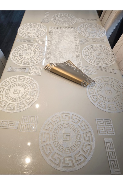 SEHARA Çift Taraflı/1 Runner(100X33)/8 Amerikan Servis (33CM)/8 B.altlığı/8 Kaşıklık/25 Parça/yemek Sunum Takımı/gold/Ekru