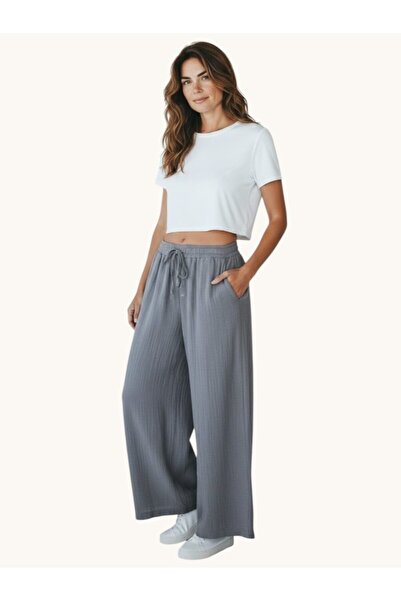 MODA Women's Elastic Waist Wide Leg Muslin Linen Trousers