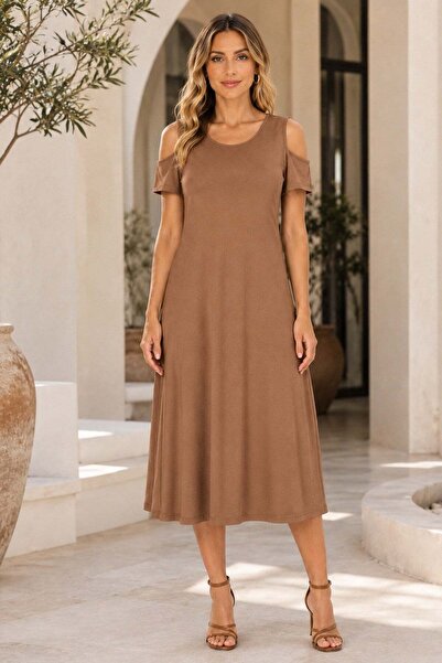 Mossta Off-The-Shoulder Midi Viscose Dress - Brown