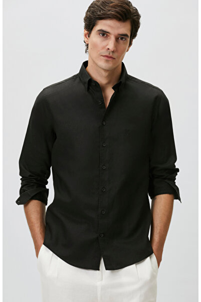 Network Slim Fit Siyah Keten Gömlek