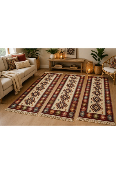OEM Set de 3 covoare tradiționale țesute, față-verso, 60x200 cm, roșu, model ...