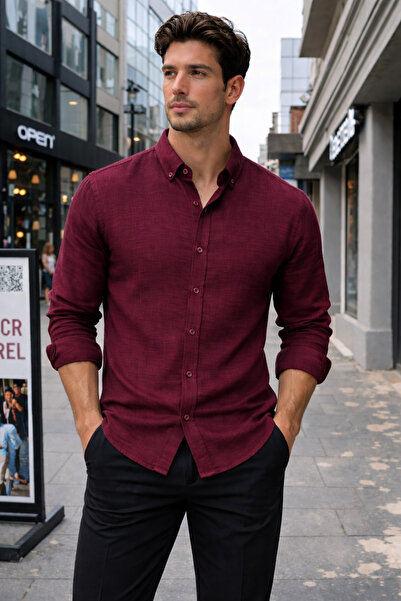 EMPEROR APPAREL Erkek Bordo Uzun Kollu Pera Keten Gömlek