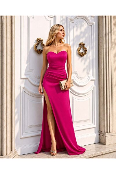 Modafeminen Rochie de seară lungă, fucsia, fără bretele, cu detaliu pliat la ...