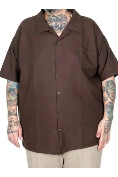 cusseli Large Size Shirt with Lapel Collar and Short Sleeves 26385 Brown