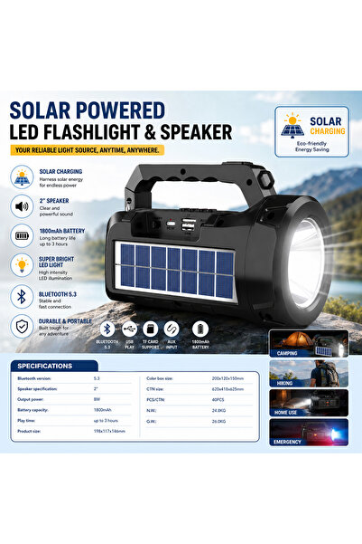 SING Boxă portabilă wireless cu panou solar, 5W, difuzor de 3 inch, radio FM,...