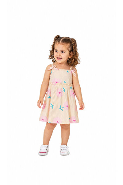 Mamara Pamuklu Kız Bebek İp Askılı Desenli Elbise Sarı 9Ay-12Ay-18Ay-24Ay