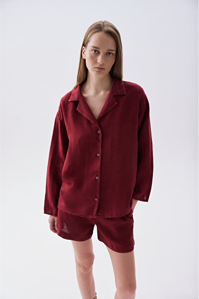 Mudo Kadın Bordo Oversize Resort Yaka Keten Gömlek