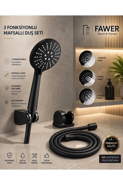 FAWER Faucet & Shower Siyah 3 Fonksiyonlu Örgülü Hortumlu Mafsallı Duş Seti -...