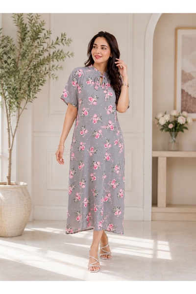 amaan Women's Floral Maxi Dress, High Neck Design with Bow | Arabic dress | N...