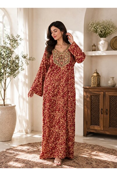 amaan Women's Luxury Long-Sleeve Cotton Jalabiya Gold Embroidered Modest Dres...