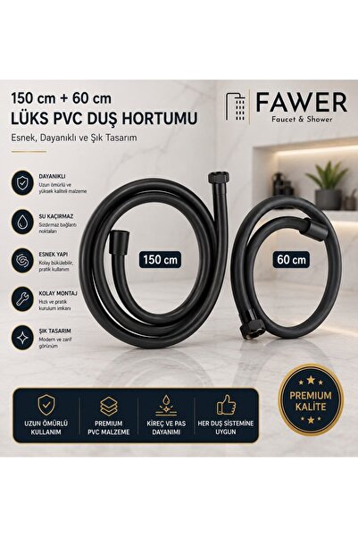 FAWER Faucet & Shower Pvc 150cm - 60cm Siyah Lüks Duş Hortumu Seti