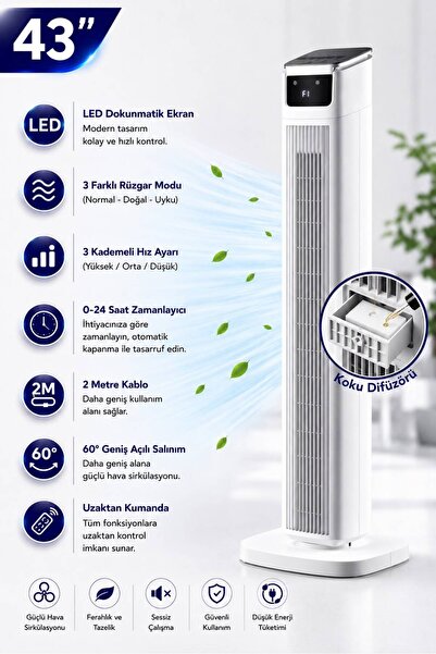 Enshall Modern Tasarım Dokunmatik Kule Tipi Vantilatör , Uzaktan Kumandalı 43...