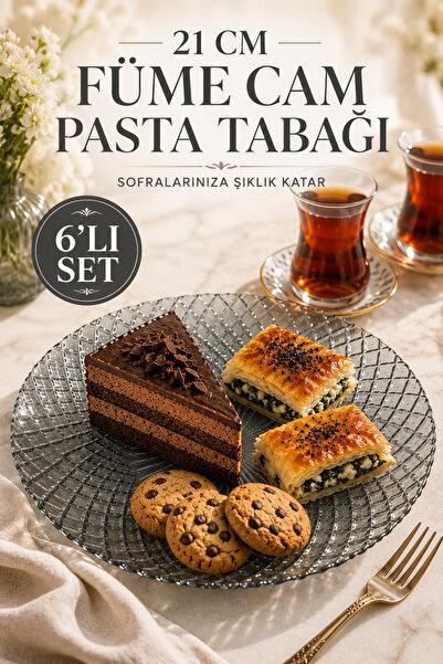 ANGDESİGN Belinda Cam Tatlı Kek Tabağı 6'lı Füme •• Pasta Tabağı Lüks Pasta T...
