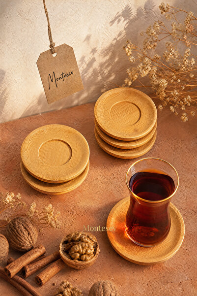 MONTESEV Ahşap Çay Tabağı 6 Lı Set Bardak Fincan Kupa Altlığı ( Yuvarlak )