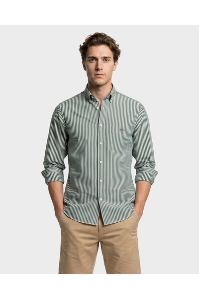 Gant Erkek Yeşil Regular Fit Düğmeli Yaka Çizgili Poplin Gömlek