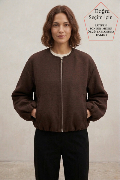 SmallTouch Rahat Kalıp Kaşe Kumaş Kadın Fermuarlı Acı Kahve Bomber Ceket