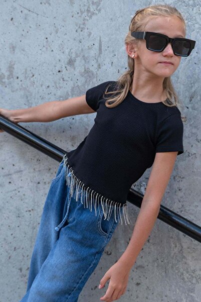 Breeze Tricou pentru fete cu ciucuri, 9-14 ani, negru