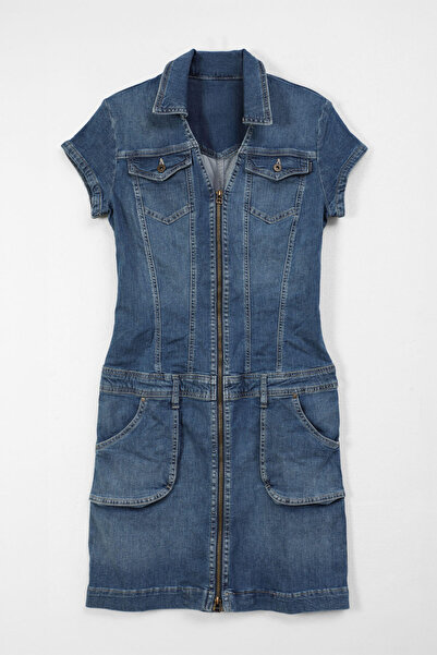 BANNY JEANS Fermuarlı Cepli Kadın Jean Elbise