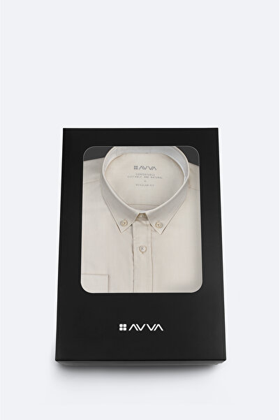 Avva Men's Beige Buttoned Collar Gift Boxed 100% Cotton Basic Regular Fit Shi...