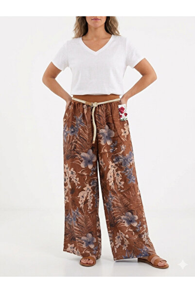 della moor Women's Tile Italian Floral Patterned Straw Belted Wide Leg Linen ...