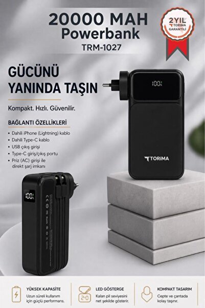 Torima Taşınabilir 20000 Mah Type-C Lightning Hızlı Şarj Dijital Göstergeli 2...