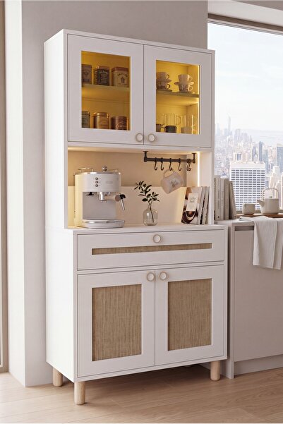 Ambiance Coffee Corner | Led Illuminated Cabinet | Tempered Blackout Glass and Jute Fabric MDF Cover