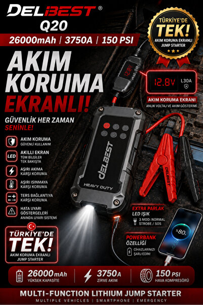 AZEQ Akü Takviye Cihazı 26.000 mAh 3750A 150 PSI Hava Kompresörlü Jump Starte...