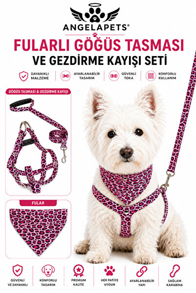 Angelapets AYARLANABİLİR FULAR , GÖĞÜS TASMASI VE GEZDİRME KAYIŞI 3'LÜ SET