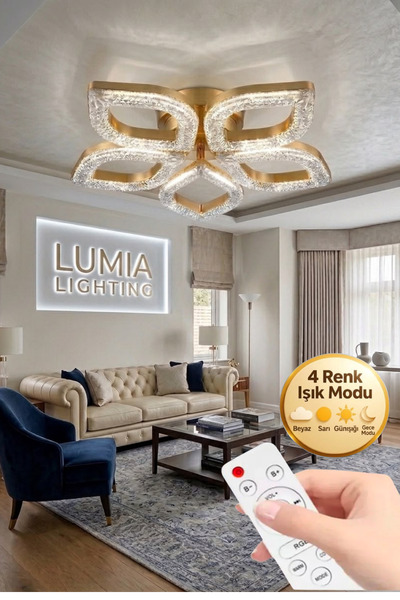 Lumia Lighting Yonca Model Gold Kumandalı 5"li Ledli 3 Renk Modu Kristal Salo...