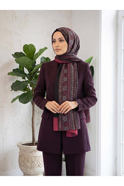 Vissona %100 İPEK ETNİK DESENLİ SİYAH - BORDO RENKLİ ŞAL